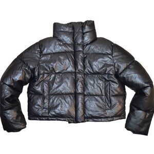 LA Coalition Vegan Leather Look Black Cropped Puffer Jacket, Large